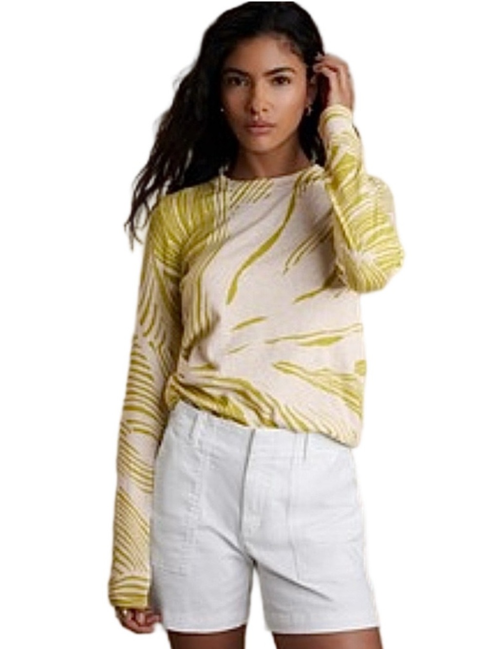 Banana Republic Cream and Lime Green Abstract Print Scoop Neck Sweater